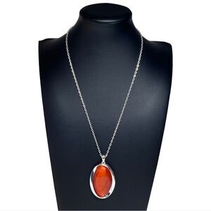 Silver Amber Tone Cabochon Pendant Chain Necklace 19"